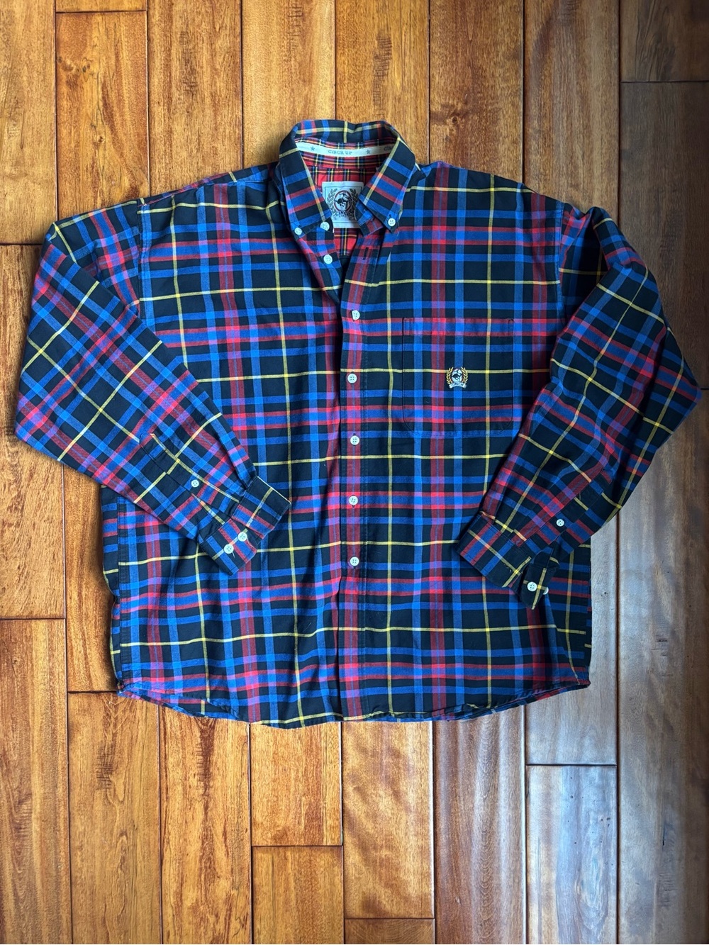 Cinch Men's Navy, Red & Yellow Plaid Button-Down Shirt Vintage 100% Cotton